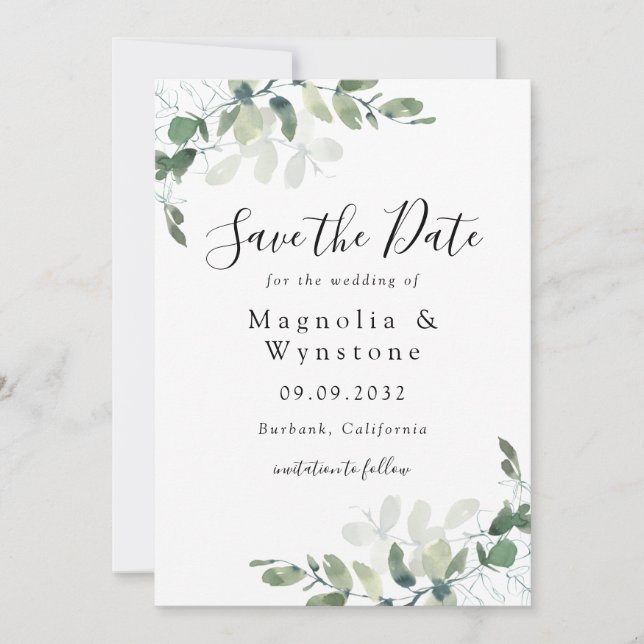 Elegant Watercolor Eucalyptus Wedding Save The Date (Vorderseite)