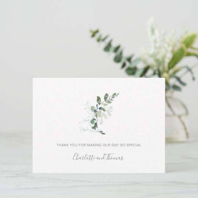 Elegant Watercolor Eukalyptus Greenerity Wedding Dankeskarte (Stehend Vorderseite)