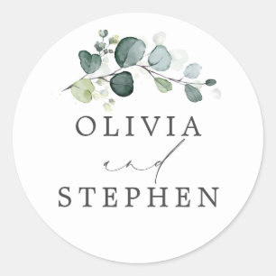 Elegant Watercolor Eukalyptus Greenerity Wedding Runder Aufkleber