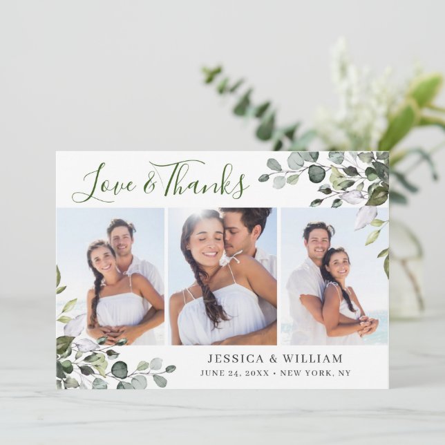 Elegant Watercolor Eukalyptus Greenery 3 FOTO Dankeskarte (Stehend Vorderseite)