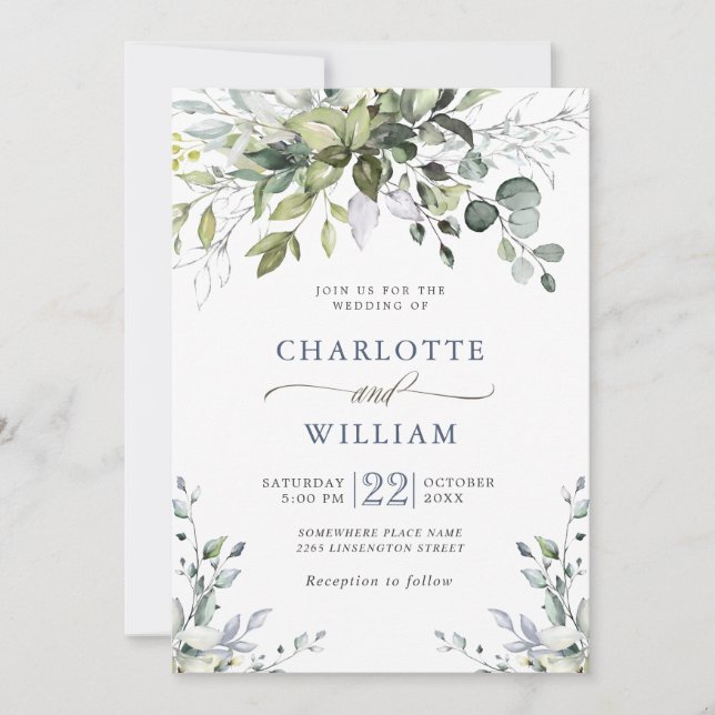 Elegant Watercolor Eukalyptus Greenery Wedding Inv Einladung (Vorderseite)
