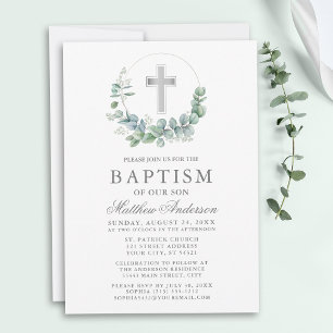 Elegant Watercolor Eukalyptus Silver Taufe Einladung