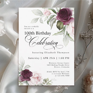 Elegant Watercolor Floral 100. Geburtstag Einladung