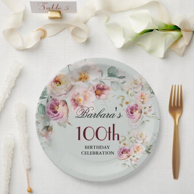 *Elegant Watercolor Floral 100th Birthday Party  Pappteller (Hochzeit)