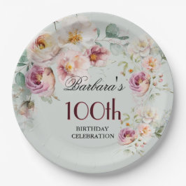 *Elegant Watercolor Floral 100th Birthday Party  Pappteller