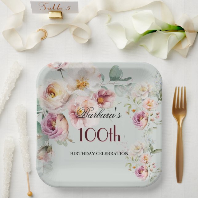 Elegant Watercolor Floral 100th Birthday Party  Pappteller (Hochzeit)
