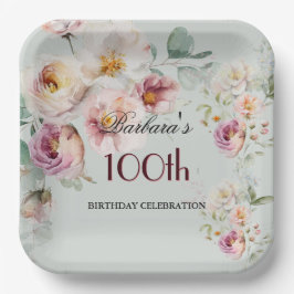 Elegant Watercolor Floral 100th Birthday Party  Pappteller