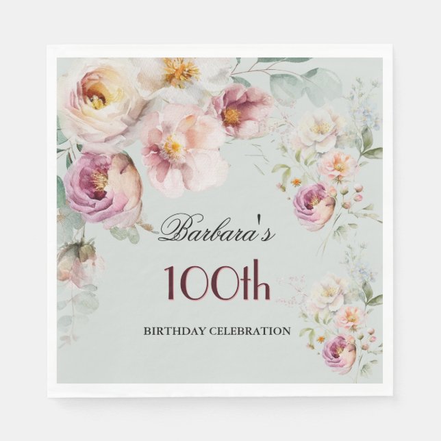 Elegant Watercolor Floral 100th Birthday Party  Serviette (Vorderseite)