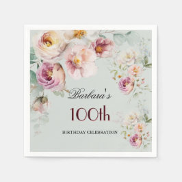 Elegant Watercolor Floral 100th Birthday Party  Serviette