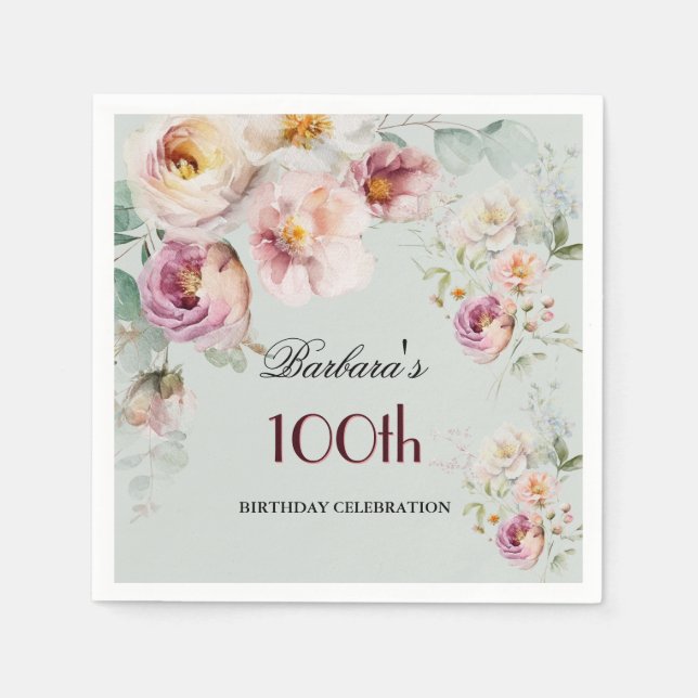Elegant Watercolor Floral 100th Birthday Party  Serviette (Vorderseite)