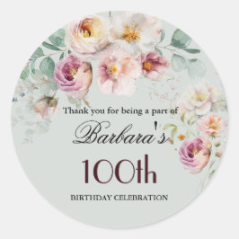 Elegant Watercolor Floral 100th Birthday Welcome Runder Aufkleber