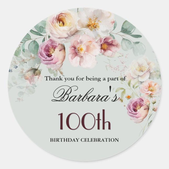 Elegant Watercolor Floral 100th Birthday Welcome Runder Aufkleber (Vorderseite)