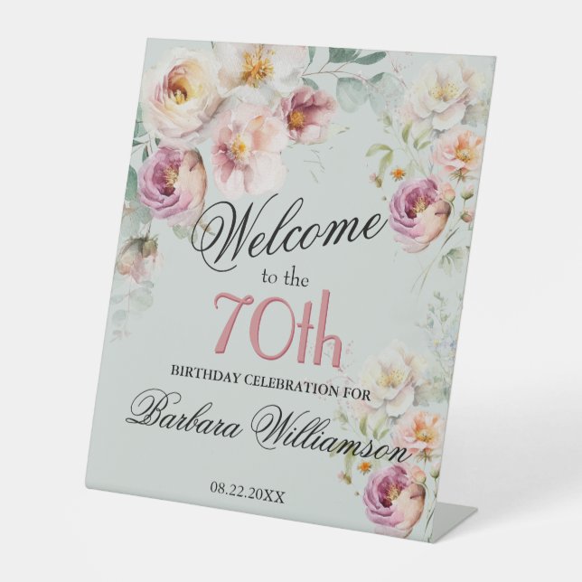 Elegant Watercolor Floral 1070th Birthday Welcome  Sockelschild (Vorderseite)