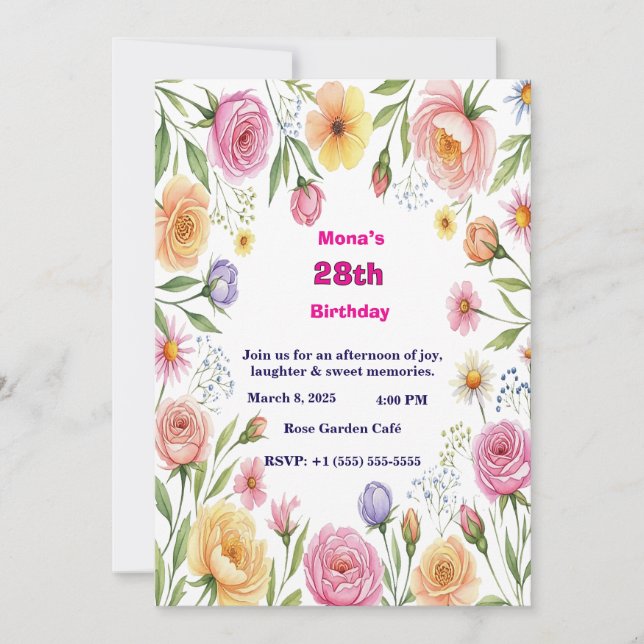 Elegant Watercolor Floral 28th Adult Birthday Invi Einladung (Vorderseite)