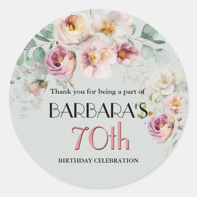 Elegant Watercolor Floral 70th Birthday Welcome Runder Aufkleber (Vorderseite)