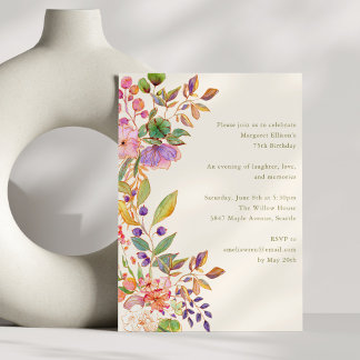 Elegant Watercolor Floral 75th Birthday Party Einladung