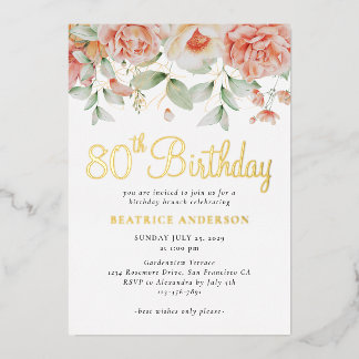 Elegant Watercolor Floral 80. Geburtstag Folieneinladung