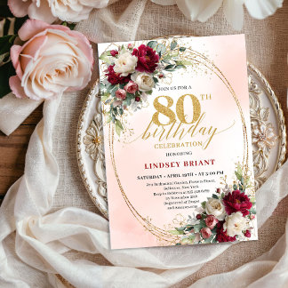 Elegant Watercolor Floral 80th Birthday Gold  Einladung