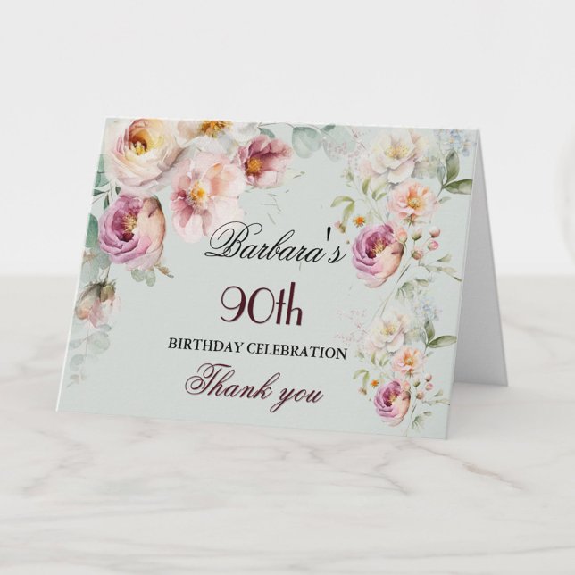 Elegant Watercolor Floral 90th Birthday Party  Dankeskarte (Von Creator hochgeladen)