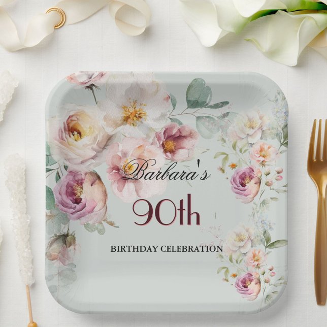 Elegant Watercolor Floral 90th Birthday Party  Pappteller (Von Creator hochgeladen)