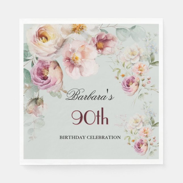 Elegant Watercolor Floral 90th Birthday Party  Serviette (Vorderseite)