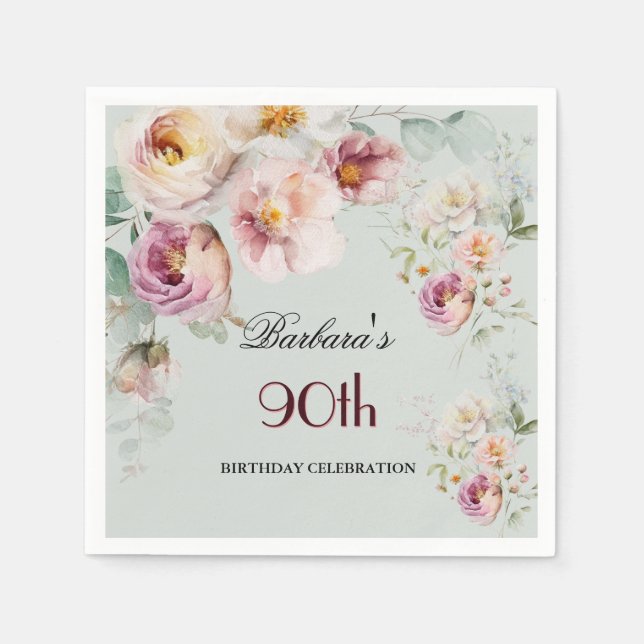 Elegant Watercolor Floral 90th Birthday Party  Serviette (Vorderseite)