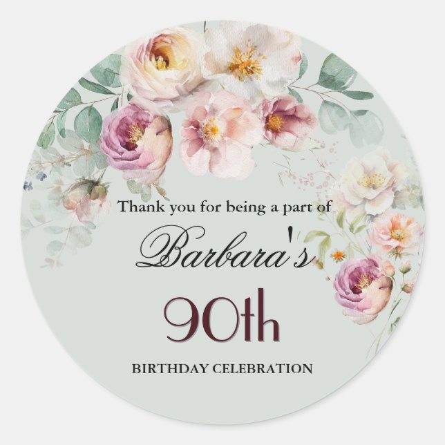Elegant Watercolor Floral 90th Birthday Welcome Runder Aufkleber (Vorderseite)