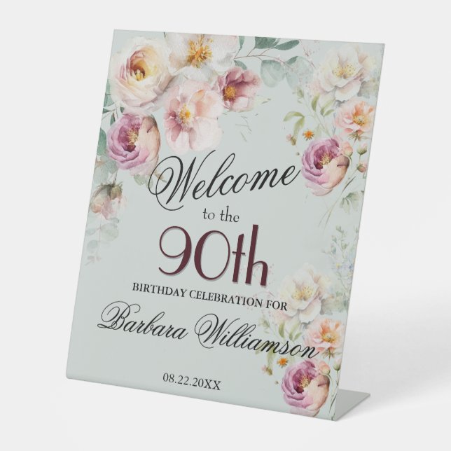 Elegant Watercolor Floral 90th Birthday Welcome  Sockelschild (Vorderseite)