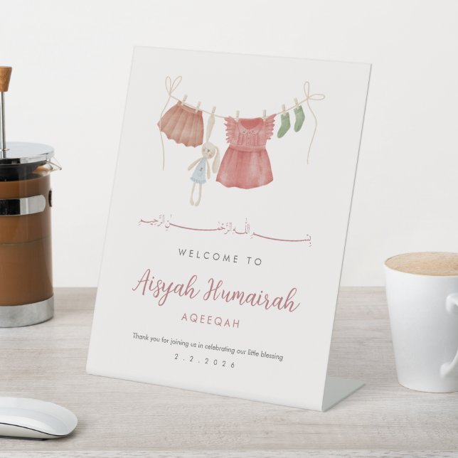 Elegant Watercolor Floral Aqeeqah Muslim Baby Girl Sockelschild (In SItu)