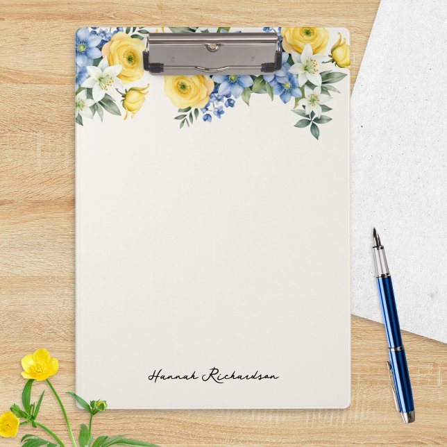 Elegant Watercolor Floral Custom Name Klemmbrett (A personalized clipboard with yellow, blue and white floral design and name in script typography)