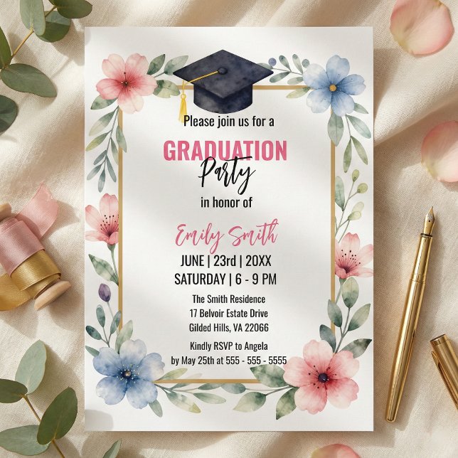 Elegant Watercolor Floral Pink Blue Graduation Einladung (Von Creator hochgeladen)