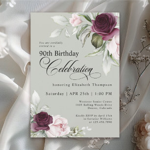 Elegant Watercolor Floral Sage 90. Geburtstag Einladung