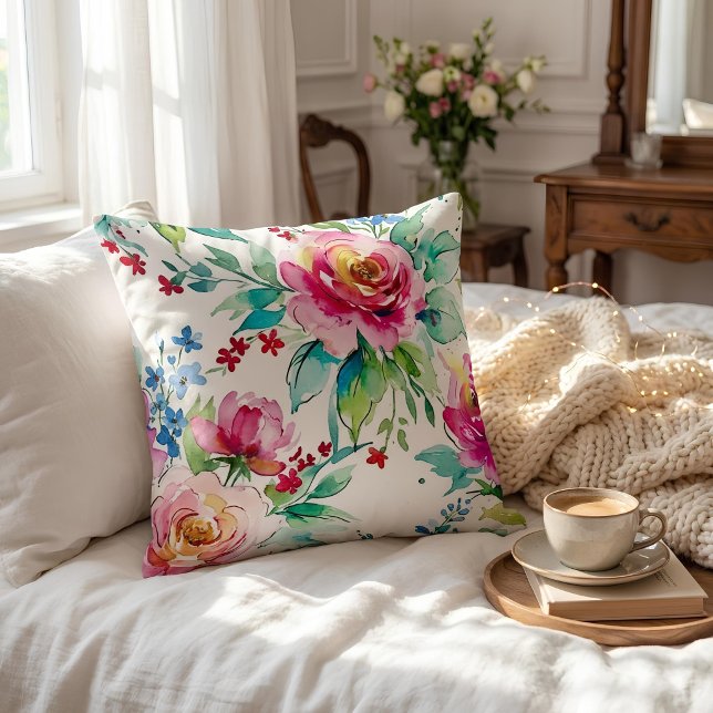 Elegant Watercolor Floral – Seamless Pink Roses  Kissen (#watercolor #floralpattern #wrappingpaper #giftwrap #floraldesign #pinkroses #blueflowers #botanical)