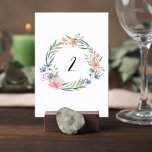 Elegant Watercolor Floral Wedding Table Number Tischnummer<br><div class="desc">Add a graceful touch to your reception tables with this elegant watercolor floral wreath wedding table number card. A delicate botanical wreath of soft greenery and romantic blooms surrounds the table number, creating a refined focal point that is both stylish and easy for guests to read. The floral arrangement features...</div>
