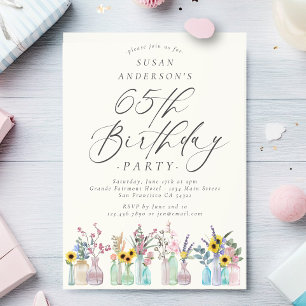 Elegant Watercolor Florals 65. Geburtstagsparty Einladung