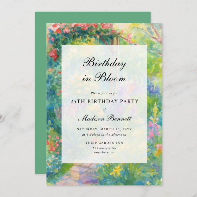 Elegant Watercolor Garden Themed Birthday Party Einladung (Vorne/Hinten)