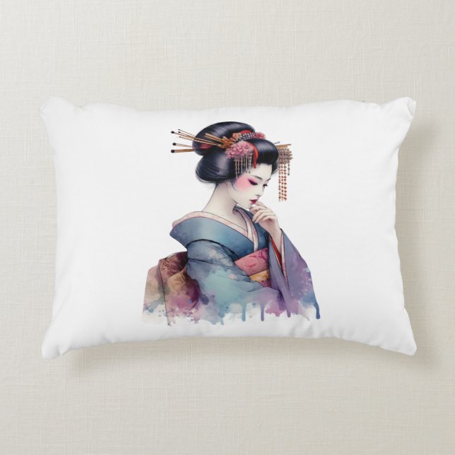 Elegant Watercolor Geisha in Soft Teal and Plum Dekokissen (Vorderseite)