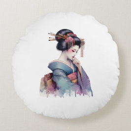 Elegant Watercolor Geisha in Soft Teal and Plum Rundes Kissen