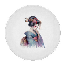 Elegant Watercolor Geisha in Soft Teal and Plum
