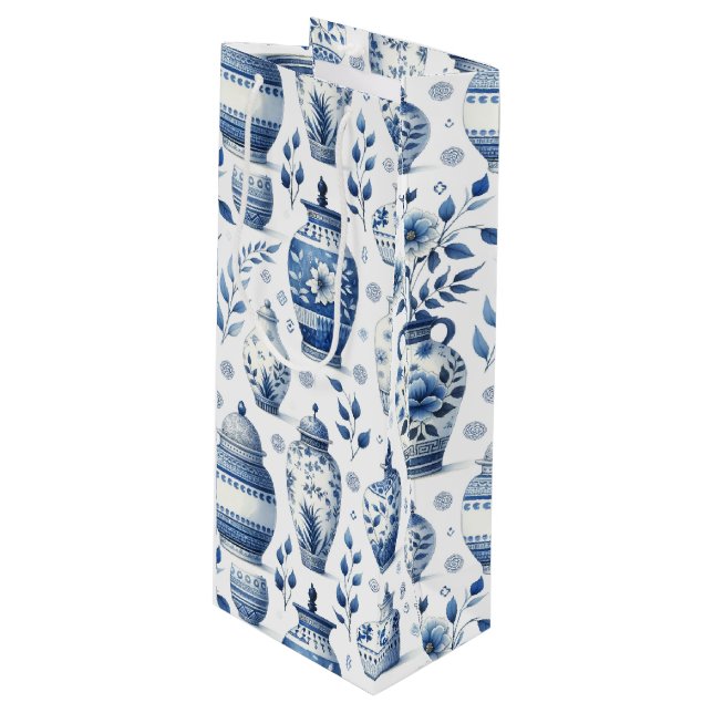 Elegant Watercolor Ginger Jars Pattern Geschenktüte Für Weinflaschen (Vorderseite Schrägansicht)