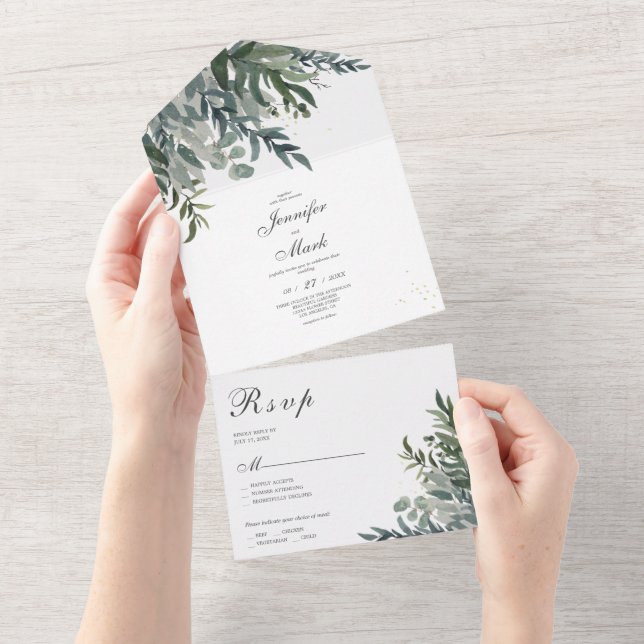 Elegant Watercolor Greenerity Wedding All In One Einladung (Abreißen)