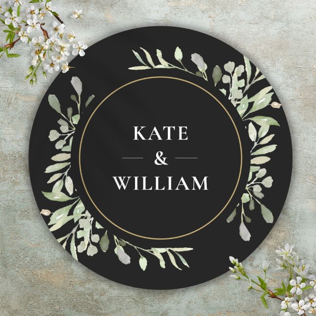 Elegant Watercolor Greenerity Wedding Black Gevor Runder Aufkleber (Elegant Watercolour Greenery Wedding Black Favor Classic Round Sticker)
