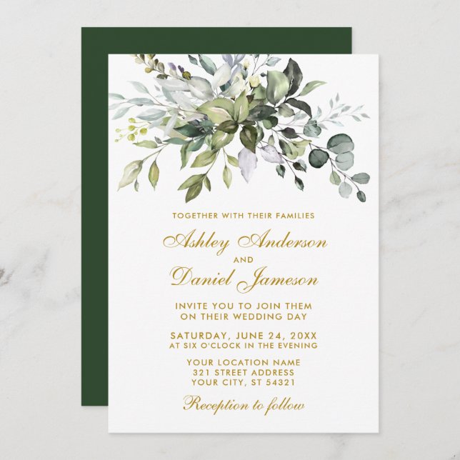 Elegant Watercolor Greenerity Wedding Gold Einladung (Vorne/Hinten)