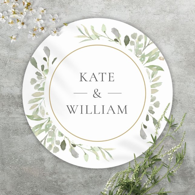 Elegant Watercolor Greenerity Wedding Gold Gefalle Runder Aufkleber (Elegant Watercolor Greenery Wedding Gold Favor Classic Round Sticker)