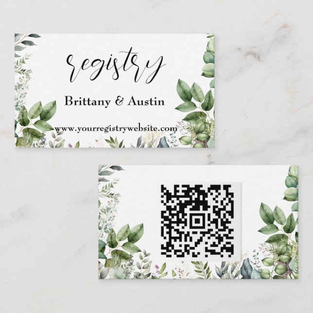 Elegant Watercolor Greenerity Wedding QR Registry Begleitkarte (Vorne/Hinten)
