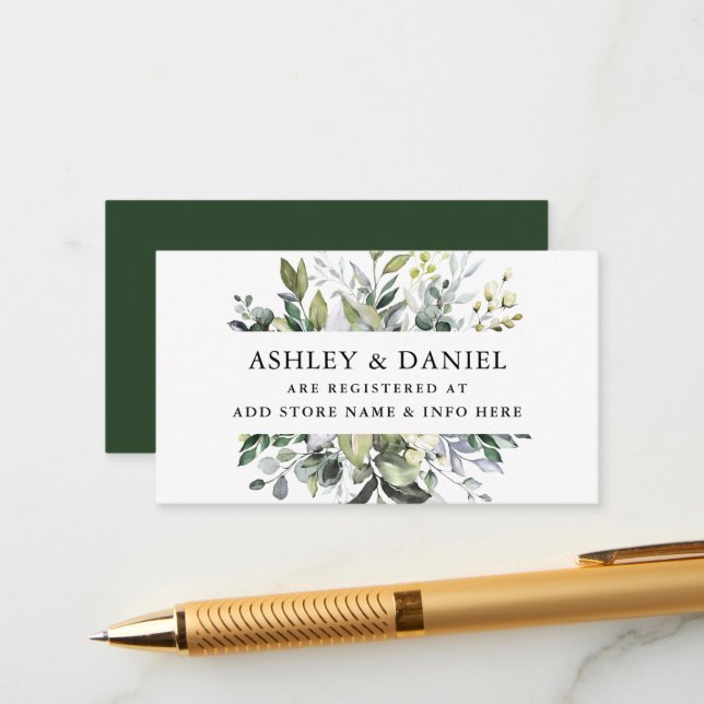 Elegant Watercolor Greenerity Wedding Registry Begleitkarte (Vorderseite/Rückseite Beispiel)