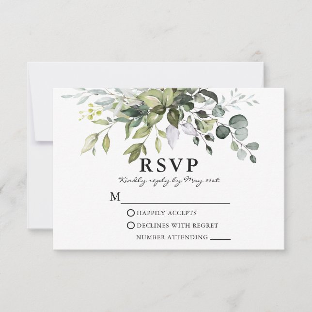 Elegant Watercolor Greenerity Wedding RSVP Karte (Vorderseite)