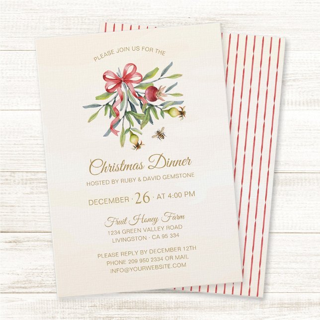 Elegant Watercolor Greenery Christmas Celebration Einladung (Elegant, watercolor greenery red bow holiday Christmas dinner party invitation.)