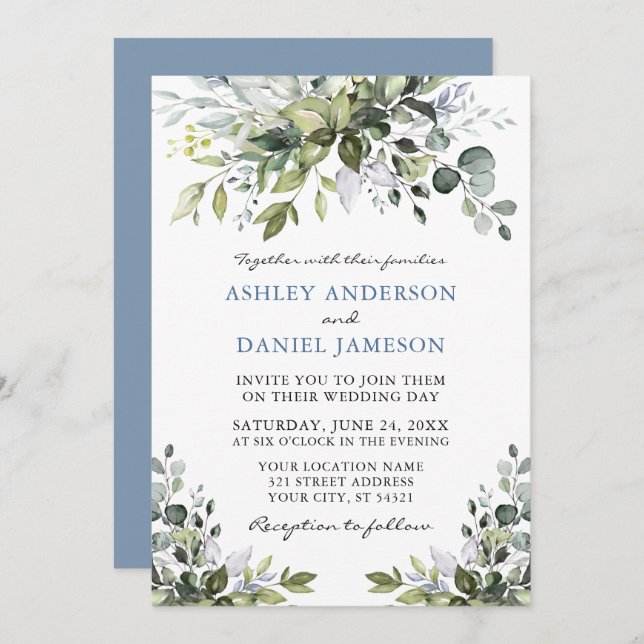 Elegant Watercolor Greenery Dusty Blue Wedding Einladung (Vorne/Hinten)