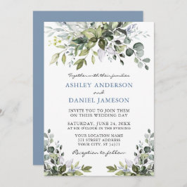 Elegant Watercolor Greenery Dusty Blue Wedding Einladung